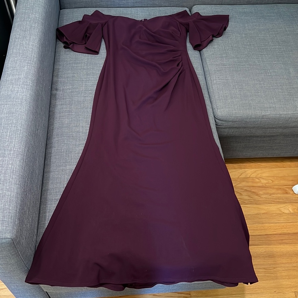 Calvin Klein off-shoulder evening gown